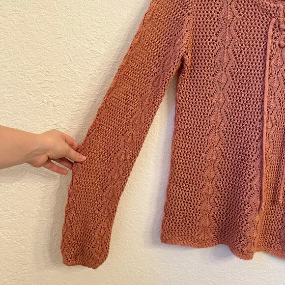 Vintage Beldoch Popper Open Knit Sweater Small Lace Up Salmon Pink Boho Festival - Picture 3 of 10